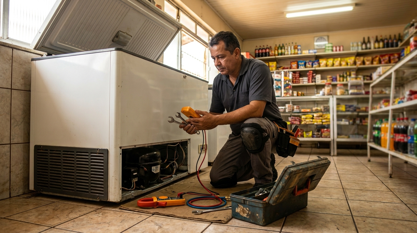 Manutenção em balcão refrigerado de mercado em Taubaté‑SP