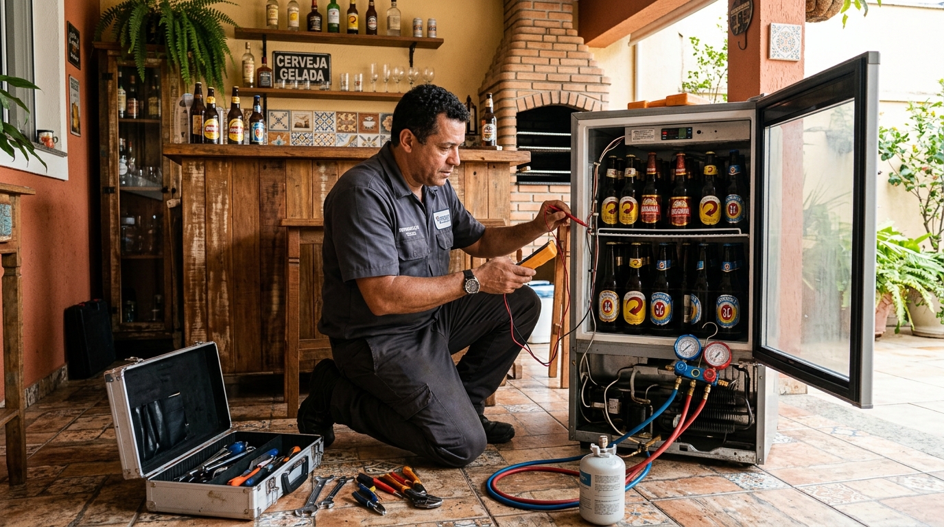 Recarga de gás em expositor de bebidas durante atendimento em Taubaté‑SP